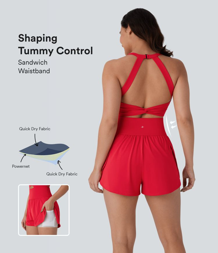 Women’s Softlyzero™ QuickDry  SoCinched Backless Twisted Tummy Control 2-in-1 Side Pocket Yog... | HALARA