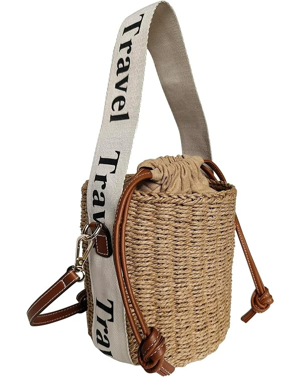 Flower Pearls Rattan Tote Bag Summer Beach Drawstring Straw Bucket Bag Diamonds Woven Handbag | Amazon (US)
