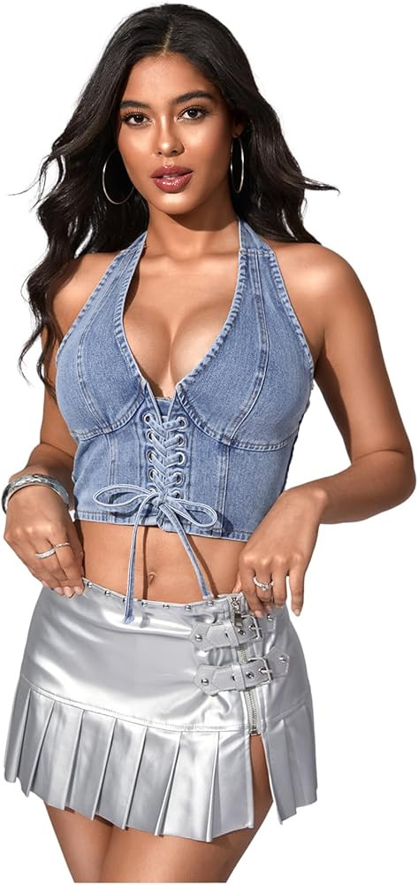 MakeMeChic Women's Denim Corset Top Jean Halter Crop Top Lace Up Y2K Vest Top | Amazon (US)