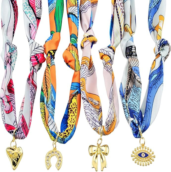 Scarf Necklace with Charm 4pack Silk Styling Scarf Charm Necklace for Women Bandana Necklace with... | Amazon (US)