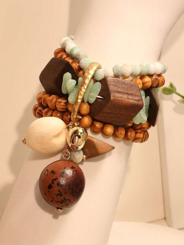 1pc Boho Style Multi-Layer Wooden Bead Cylindrical Pendant Necklace, Suitable For Women's Daily O... | SHEIN