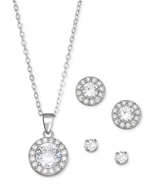 Cubic Zirconia 3-Pc. Set Pendant Necklace & Stud Earrings in Sterling Silver, Created for Macy's | Macys (US)