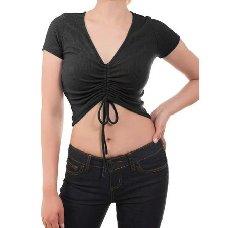MixMatchy Women's Solid Short Sleeve Ruched Drawstring V Neck Crop Top Tee | Walmart (US)
