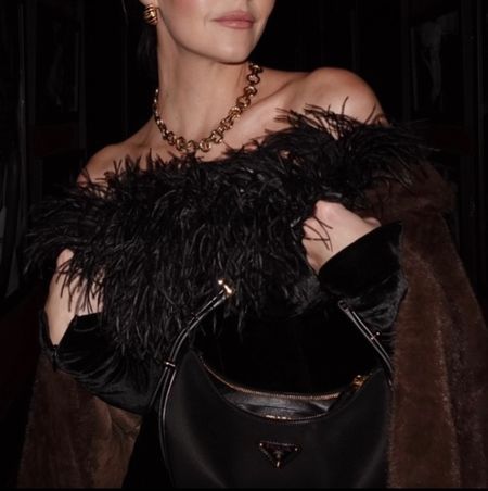 Date night outfit, little black dress, Alessandra Rich velvet feather dress, gold chunky jewellery, Prada Arque bag

#LTKeurope #LTKstyletip #LTKitbag