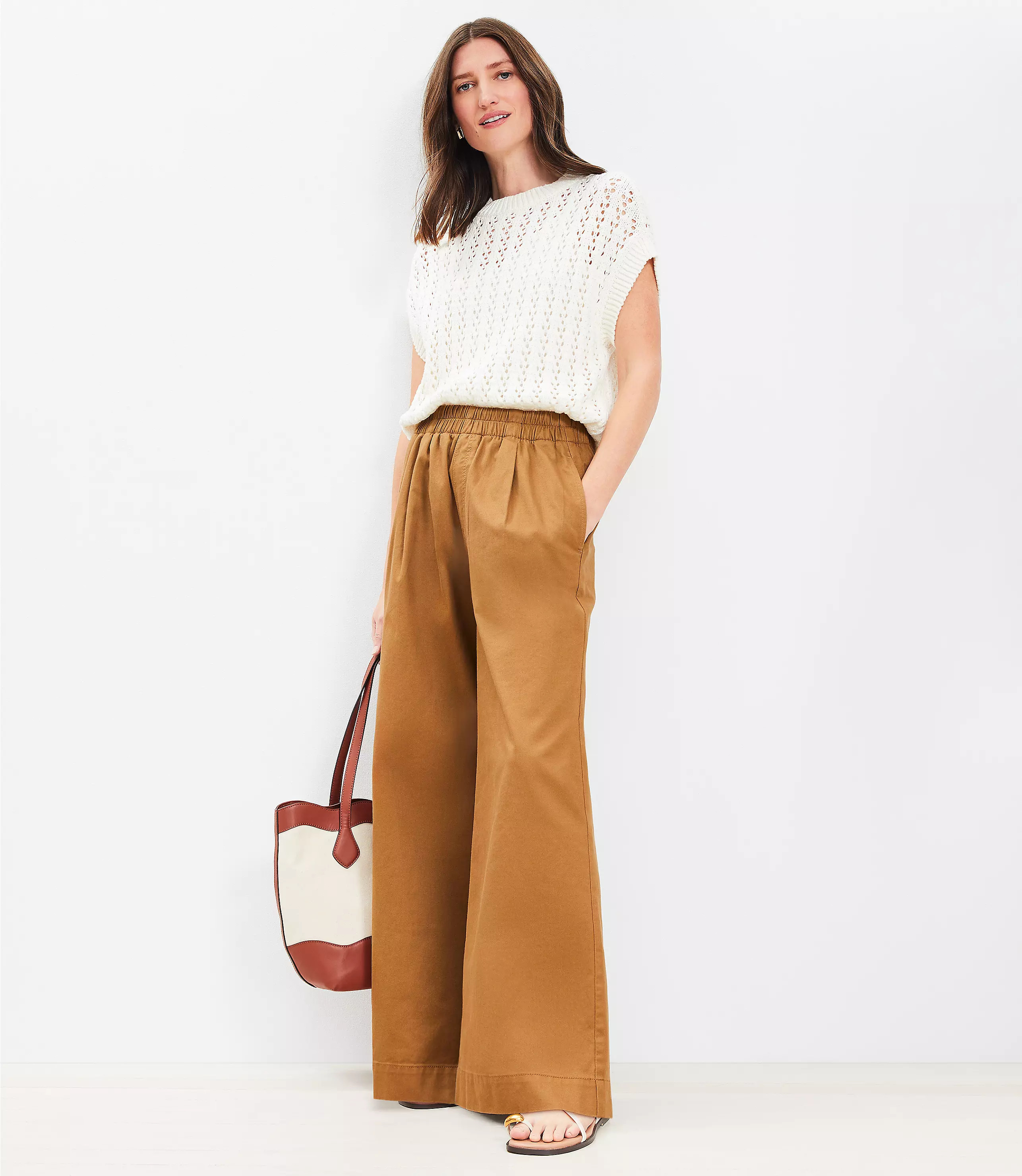 Pleated Pull On Wide Leg Pull On Pants in Twill | LOFT