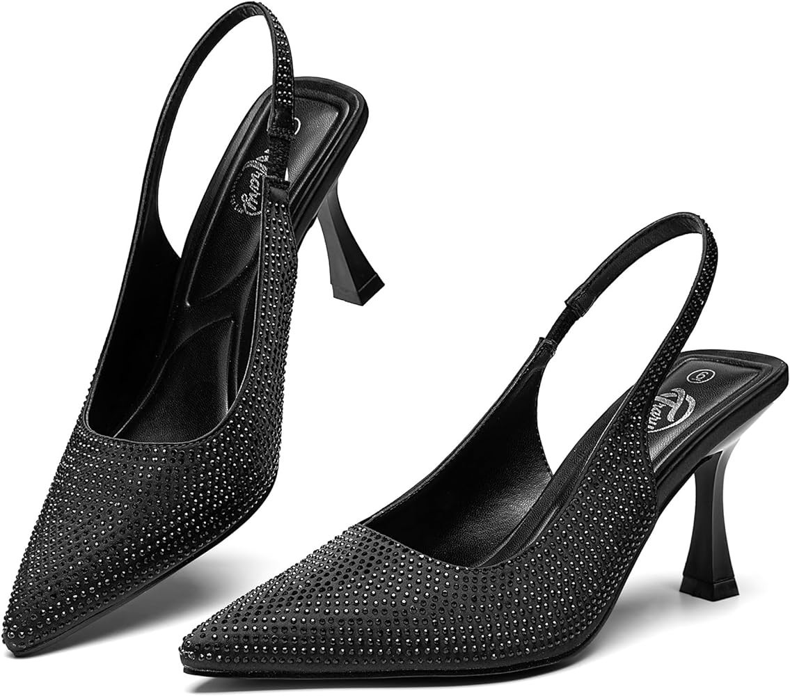 Trary Slingback Heels for Women Pointed Toe Pumps Shoes 3.2inch High Heel Slip On Rhinestone Glit... | Amazon (US)