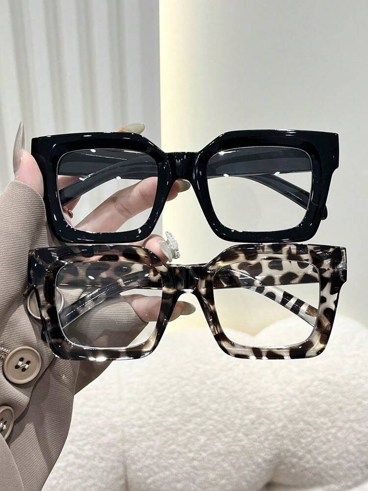 1-4pcs Women Plastic Wide Edged Square Cheetah Print Frame Flat Lens All-Match Hot Girl Style Ele... | SHEIN