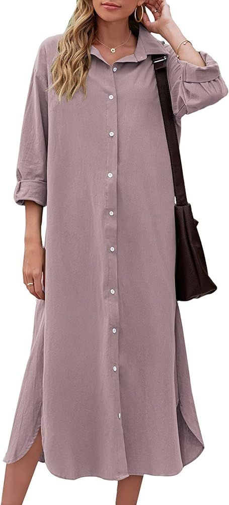 Sopliagon Women Cotton and Linen Shirt Dress Casual Loose Maxi Dresses | Amazon (US)