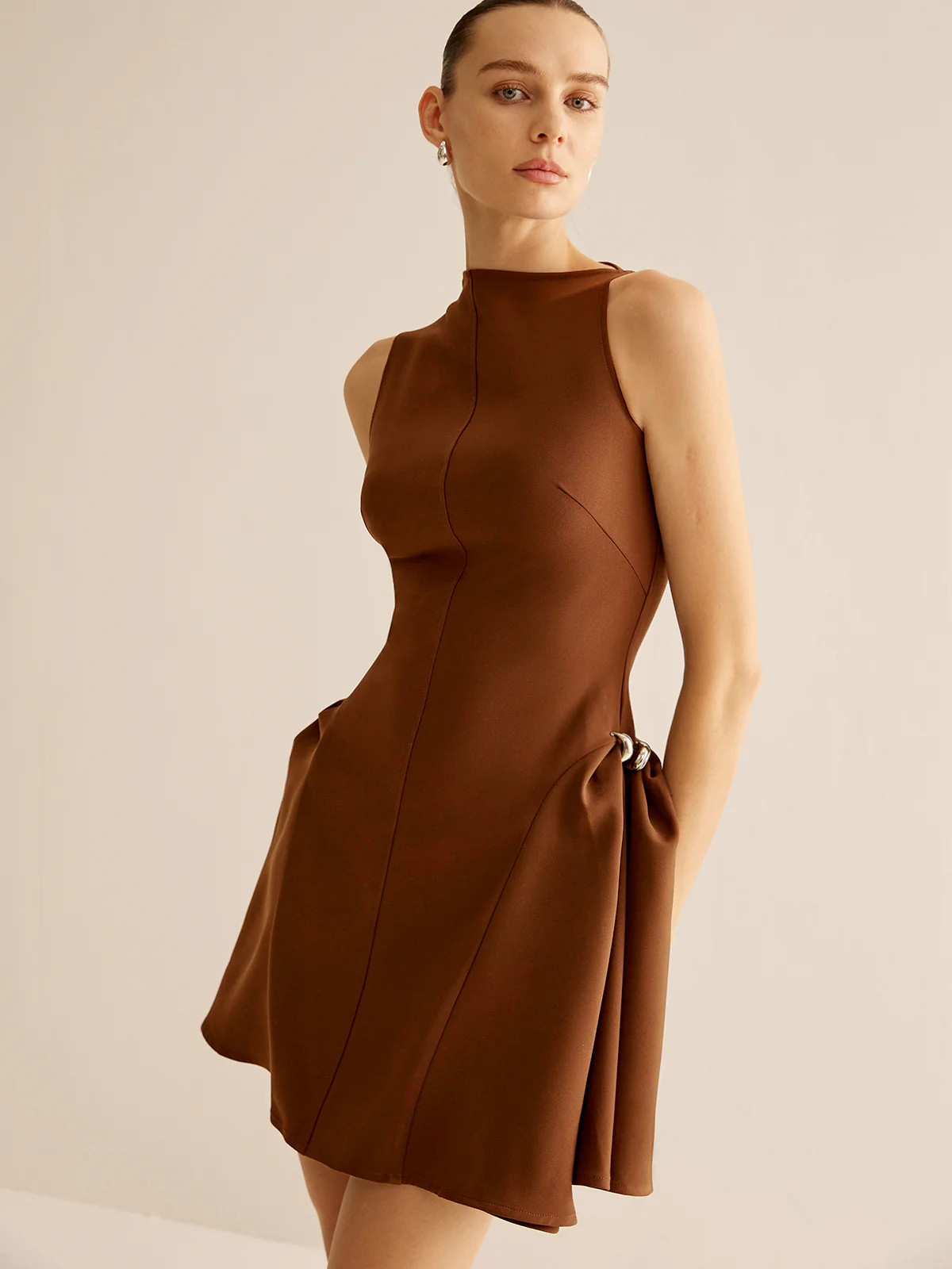 Asymmetrical Collar Panel Ruched Dress | Commense