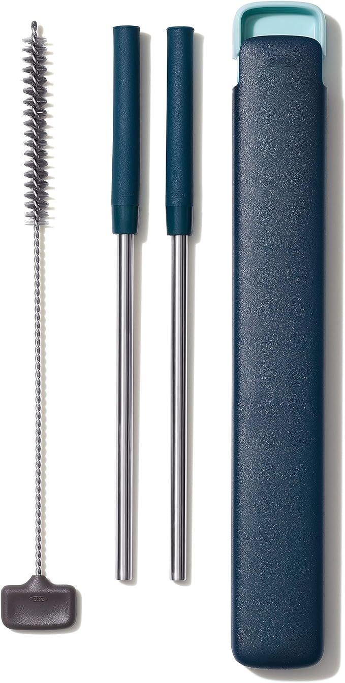 OXO Good Grips Stainless Steel 4 Piece Reusable Straw Set with Case - Green | Amazon (US)