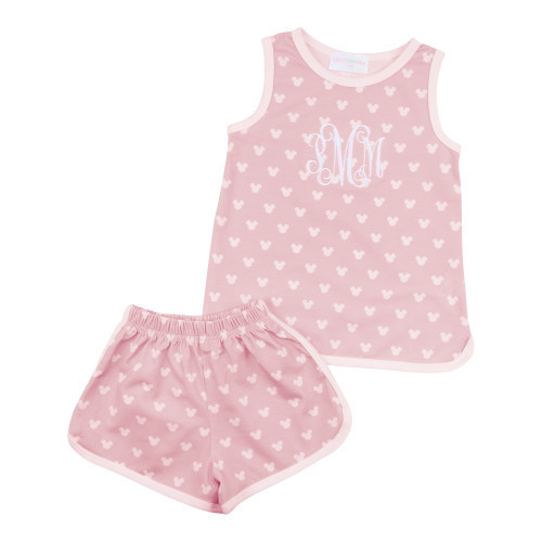 Pink And White Mouse Ears Print Knit Short Set | Cecil and Lou
