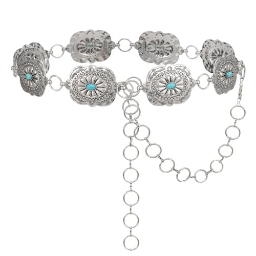 UpFind Women Western Metal Silver Chain Belt Concho Belt Cowgirl Waist Link Rectangle for Jeans Dresses Concert Boho Outfits Flower Heart | Amazon (US)