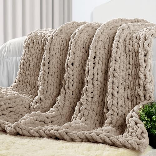 Carriediosa Chunky Knit Throw Blanket 50" X 60", 100% Hand Made Large Chenille Loop Yarn Soft Fluffy Throws for Couch Sofa Bed, Big Crochet Cozy Heavy Thick Cable Woven Blankets, Taupe | Amazon (US)