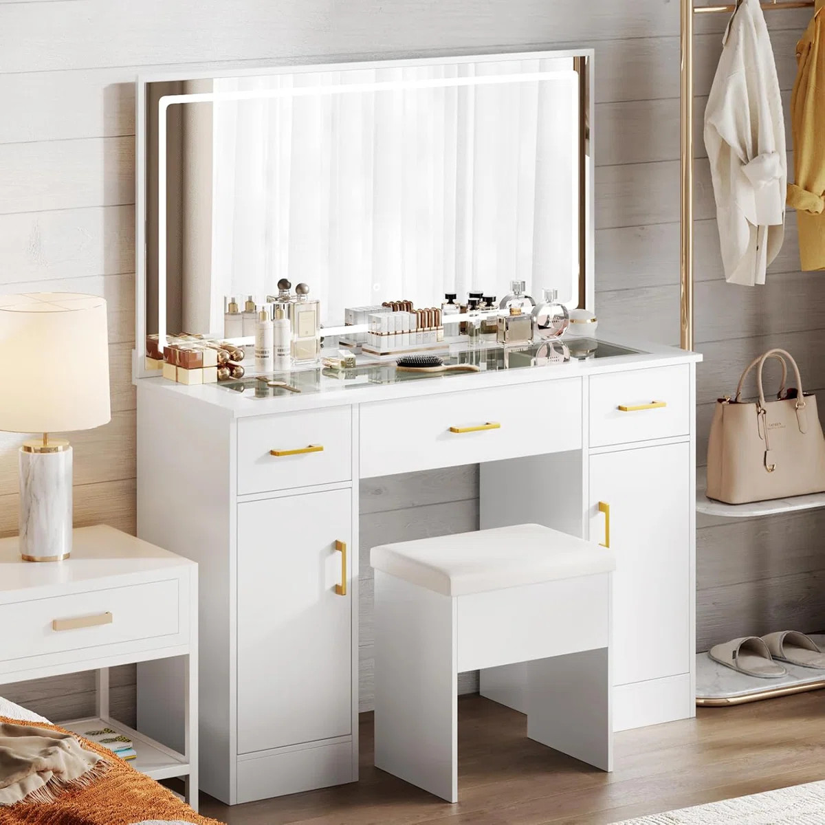 Shanata Bedroom Makeup Vanity Table Set with Tempered Glass Desk,LED Lighted Mirror, Power Outlet... | Wayfair North America