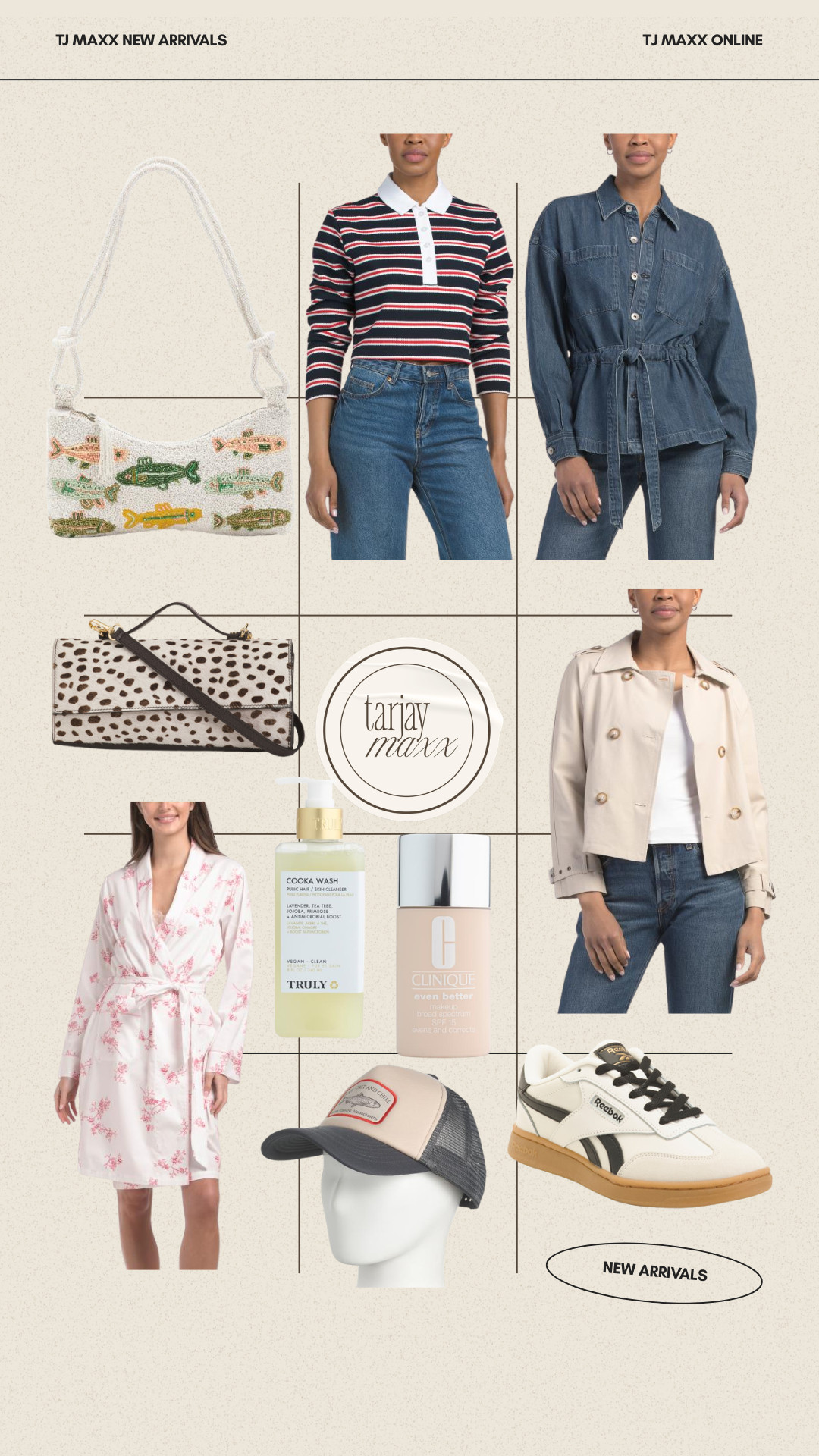 These new arrivals from TJ Max are hittinnggg! I spotted the striped House of Harlow cropped polo, the cutest cropped trench coat, and a fish beaded bag that immediately caught my eye. Stripes are having a big moment this season and cropped jackets are everywhere for spring layering. And the beaded fish bag is such a fun statement piece going into warmer weather!
date night outfits, spring outfits 2026, vacation outfits beach, easter basket stuffers, easter dress women, spring dresses, work outfits, st patricks day outfit women, business casual workwear, plus size fashion, tj maxx new arrivals, striped fashion trend, cropped trench coat, statement bags, spring fashion finds 

 #LTKgrwm #LTKootd #LTKWorkwear