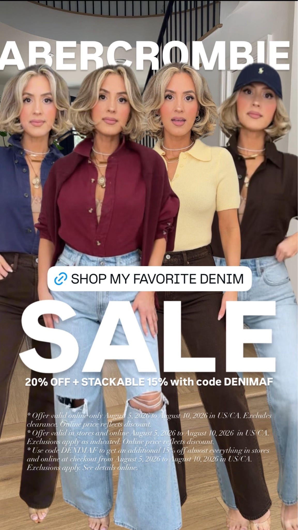 @abercrombie Denim Sale is BACK 👏🏼Use code DENIMAF for an additional 15% off almost everything from 8/5-8/10/26 🤯 #AbercrombiePartner 

* Offer valid online only August 5, 2026 to August 10, 2026 in US/CA. Excludes clearance. Online price reflects discount.
* Offer valid in stores and online August 5, 2026 to August 10, 2026  in US/CA. Exclusions apply as indicated. Online price reflects discount.
* Use code DENIMAF to get an additional 15% off almost everything in stores and online at checkout from August 5, 2026 to August 10, 2026 in US/CA. Exclusions apply. See details online.

#LTKootd #LTKSaleAlert #LTKPetite