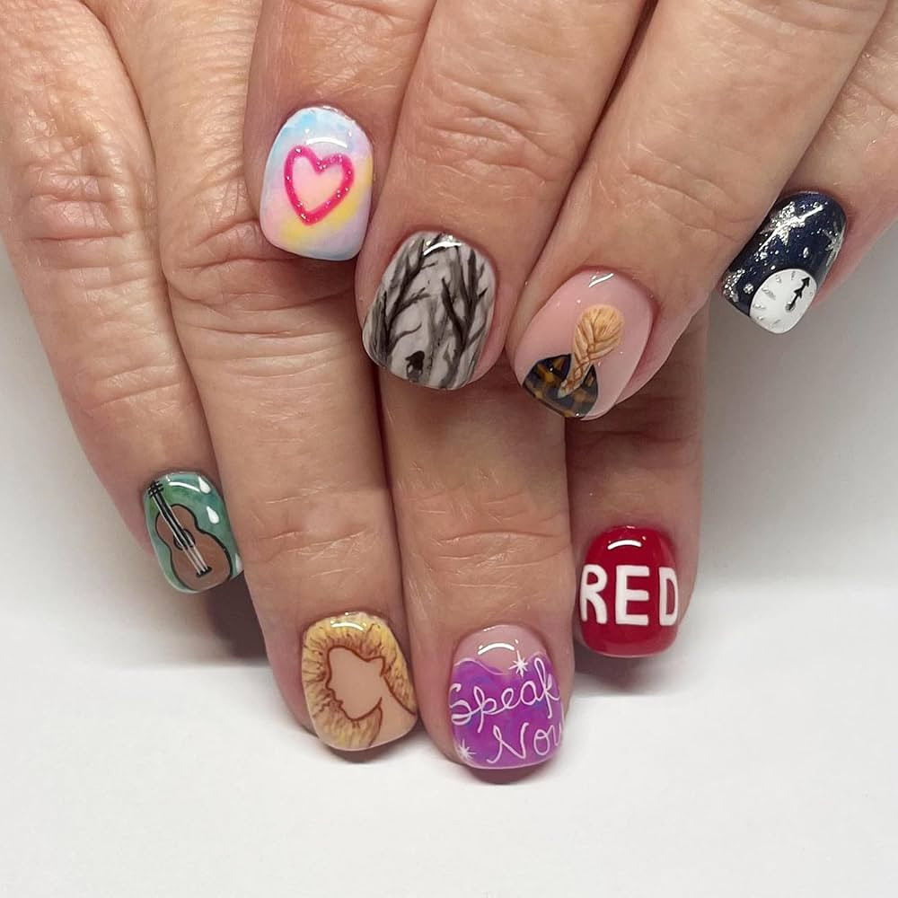 Short Press on Nails with Designs Square Fake Nails Theme Singer Pattern Stick on Nails Gloss Acr... | Amazon (US)
