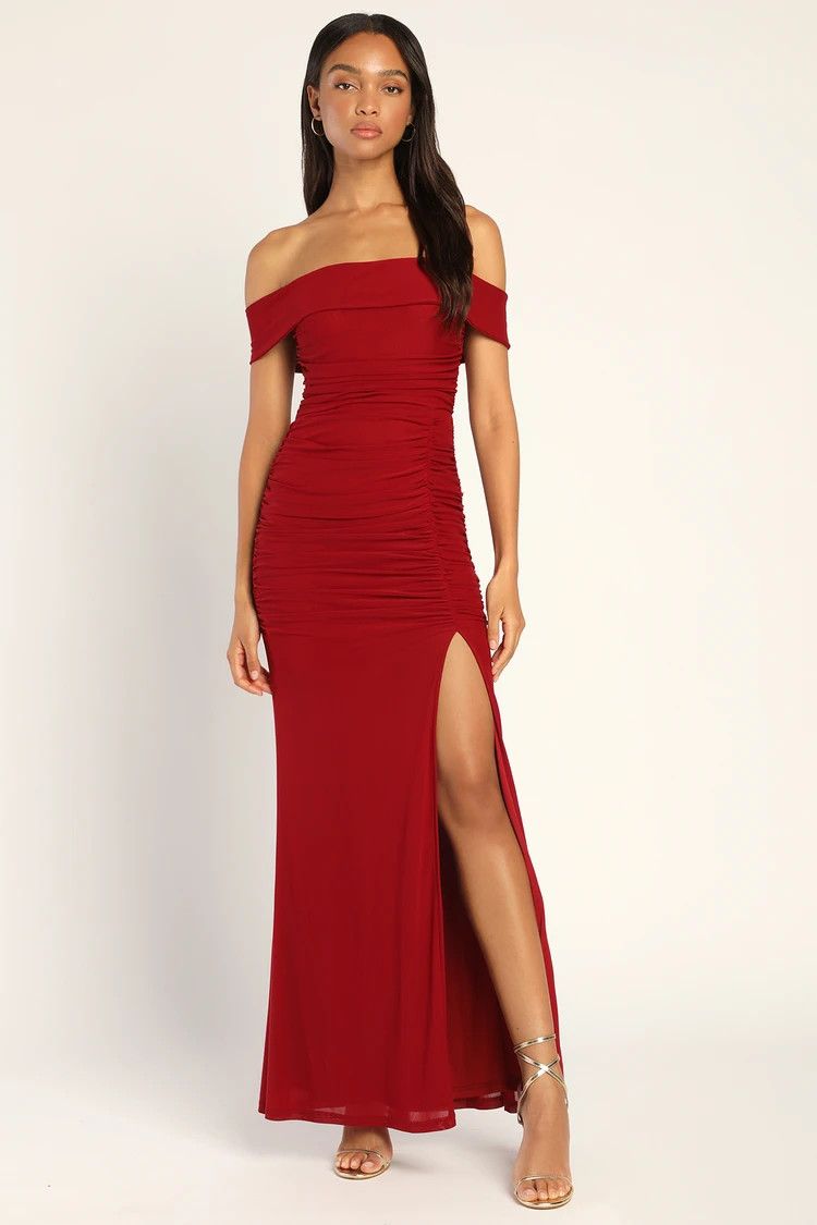 Revel in the Romance Wine Red Mesh Off-The-Shoulder Maxi | Lulus (US)