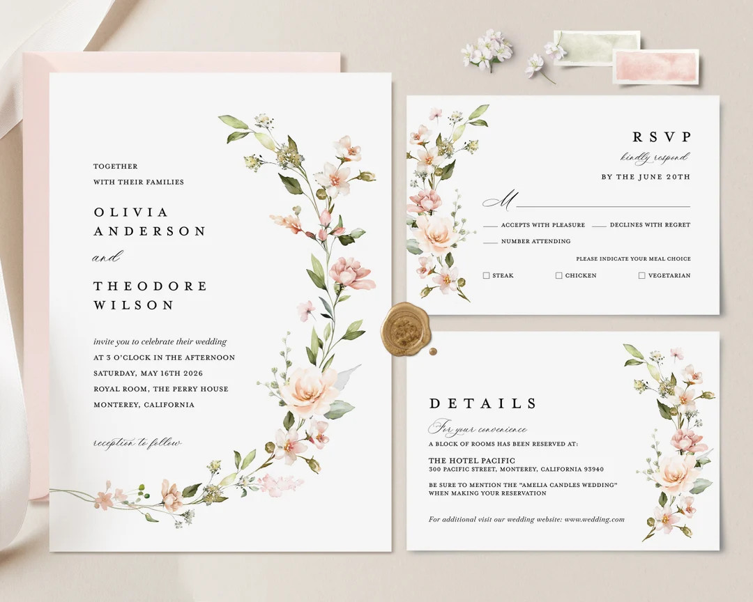 Blush Pink Wedding Invitation Template Boho Floral Wedding - Etsy | Etsy (US)