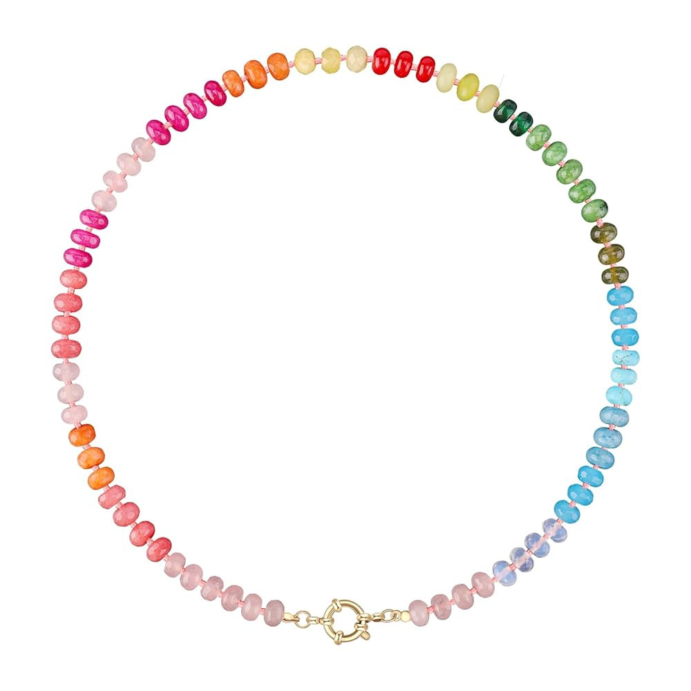Colorful Beaded Gemstone Necklace for Women, Boho Rainbow Bead Choker with Natural Stone Crystal ... | Amazon (US)