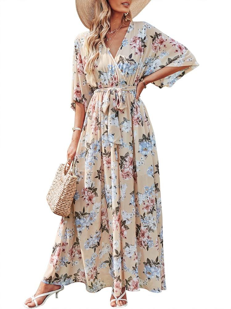 ANRABESS Women Summer Loose Boho Wrap V Neck Short Sleeve Floral Long Flowy Maxi Beach Wedding Gu... | Amazon (US)
