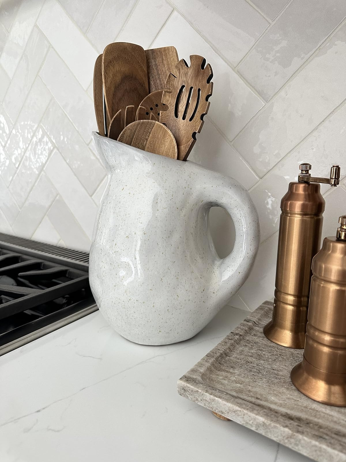 Pretty wood cooking utensils. Non-toxic cooking. Cream utensil crock. Kitchen decor. Copper salt and pepper mill. Marble tray. | Amazon (US)