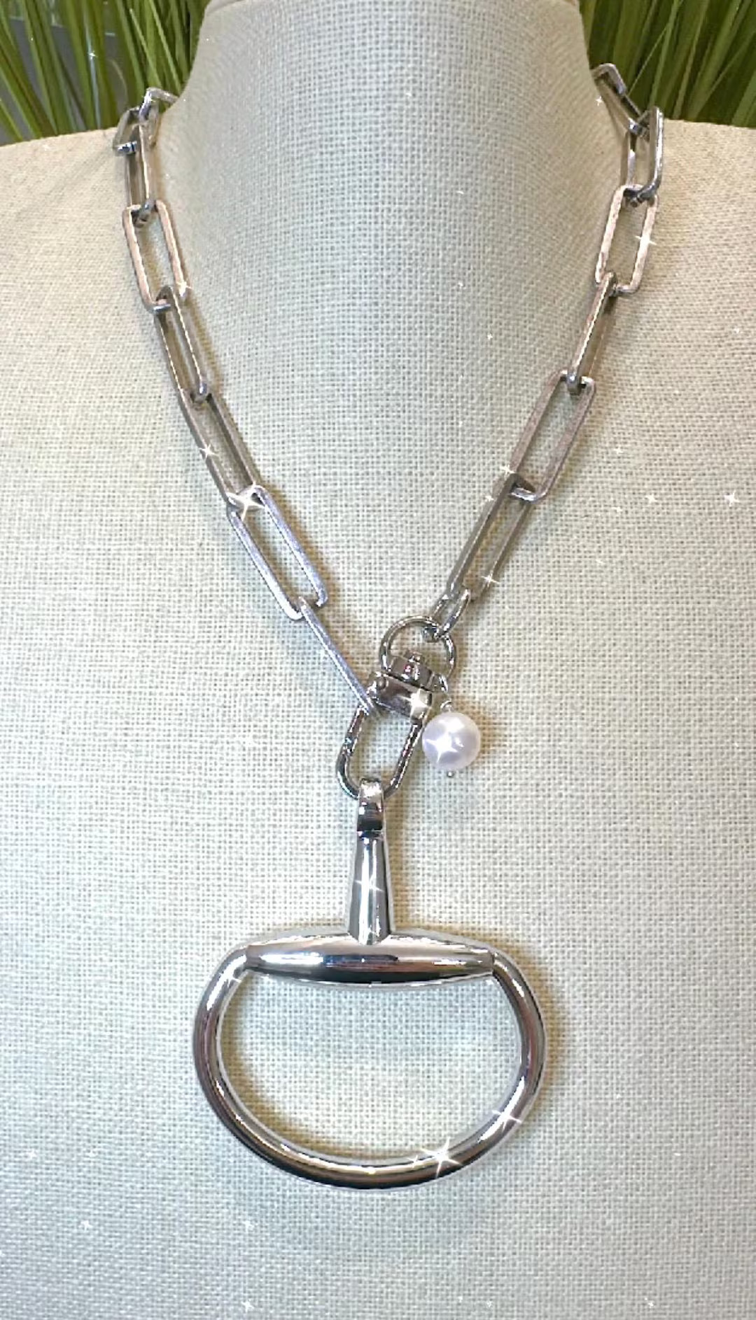 Equestrian Equine Horse Snaffle Bit Antique Silver Rectangle Chain Necklace with Fresh Water Pear... | Etsy (US)