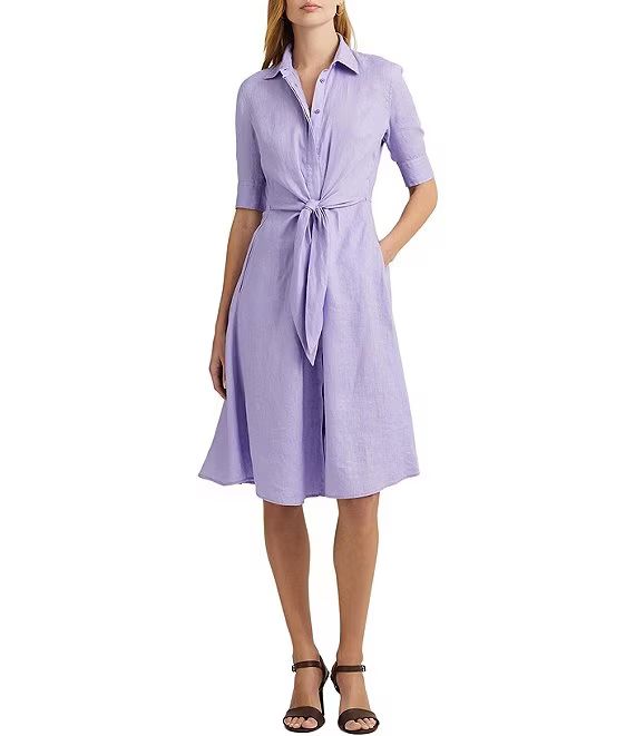 Linen Tie Waist Point Collar Button Down Shirt Dress | Dillard's