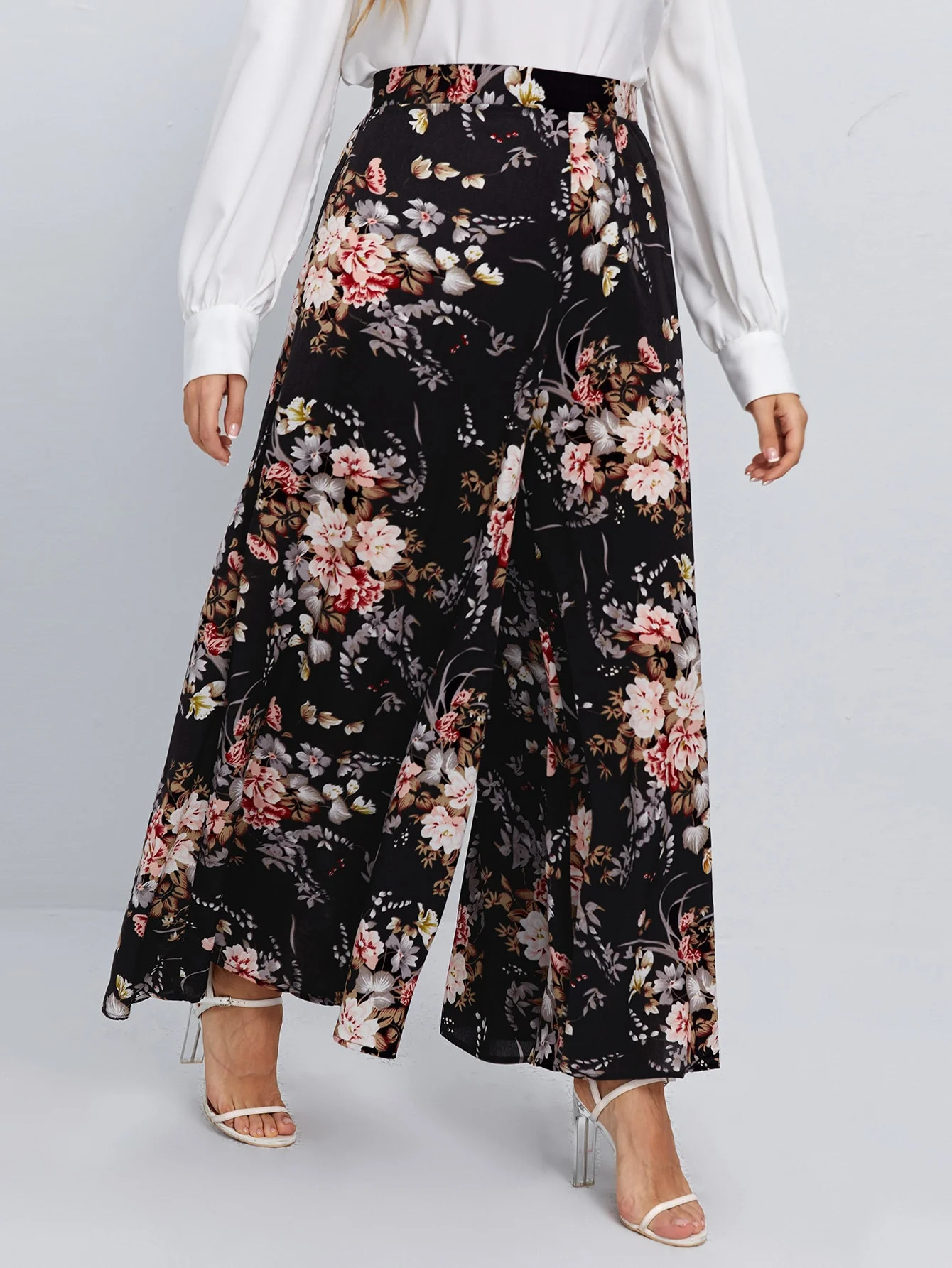 Women's Plus Size Floral Print Wide Leg Pants - Walmart.com | Walmart (US)
