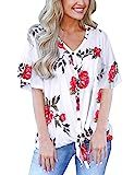 White Tops for Women Front Knot Short Sleeve Flower T Shirts Loose V Neck Blouses Henley XL | Amazon (US)