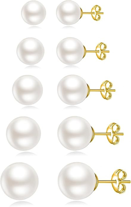 JINERA 5 Pairs Stud Earrings for Women 14K Plated Gold/Silver Pearl Ball Small Stud Earrings Set ... | Amazon (US)