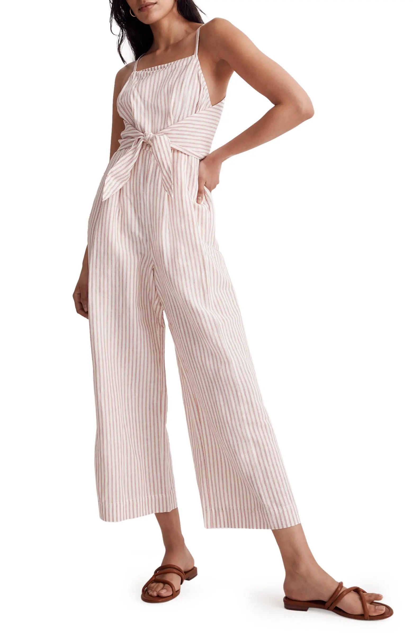 Stripe Tie Waist Crop Linen Blend Wide Leg Jumpsuit | Nordstrom