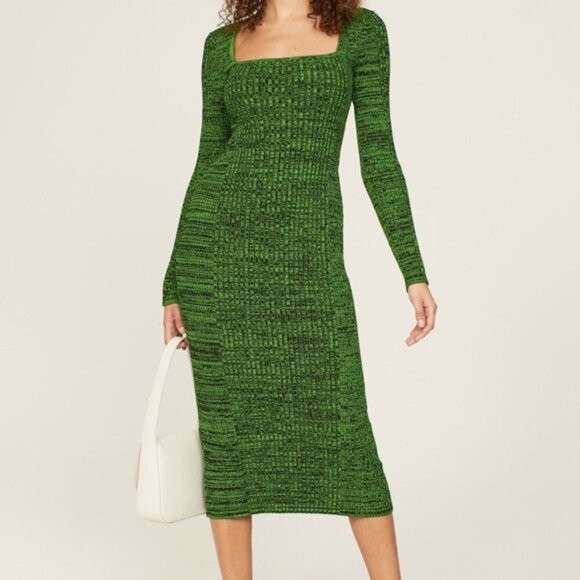 Ganni Melange Dress Midi Green Knit Long Sleeve Bodycon XS | Poshmark