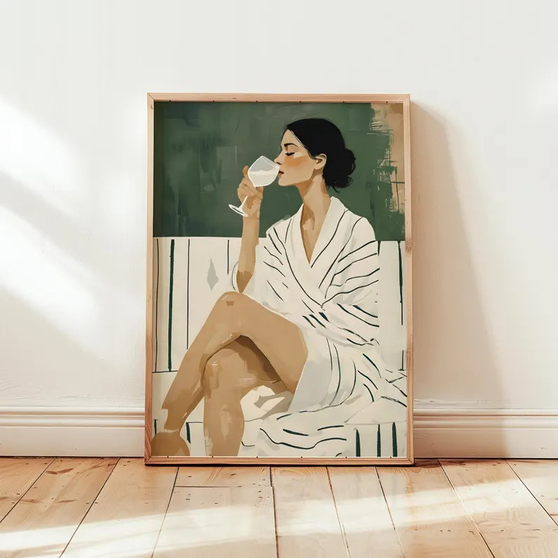 Modern Abstract Woman Drinking Wine Lover Print Contemporary Artwork Minimalist Living Room Wall ... | Etsy (US)