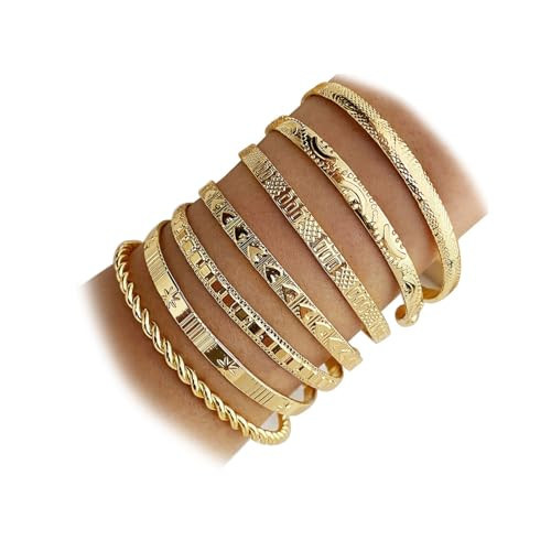 17VKL Gold Bangle Bracelets for Women, 14k Gold Plated Multi Layer Cuff Bangles Set, Stackable Boho Non Tarnish Elegance Smooth Bangle Jewelry Gifts for Her (7PCS) | Amazon (US)