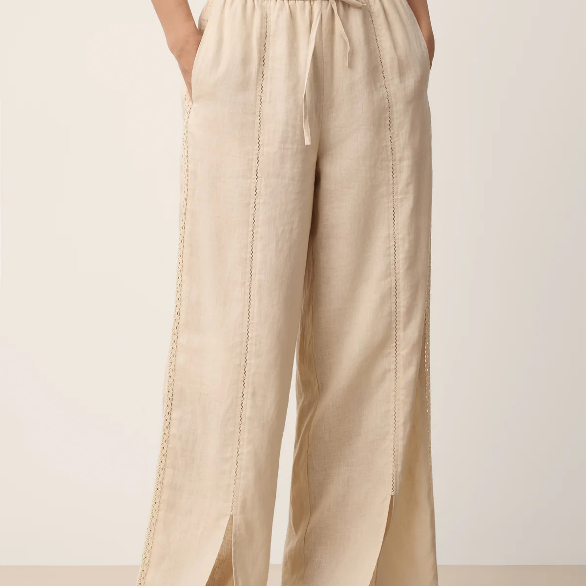 100% Linen Lace-Panel Split-Hem Pants BRONTE | LINTICO