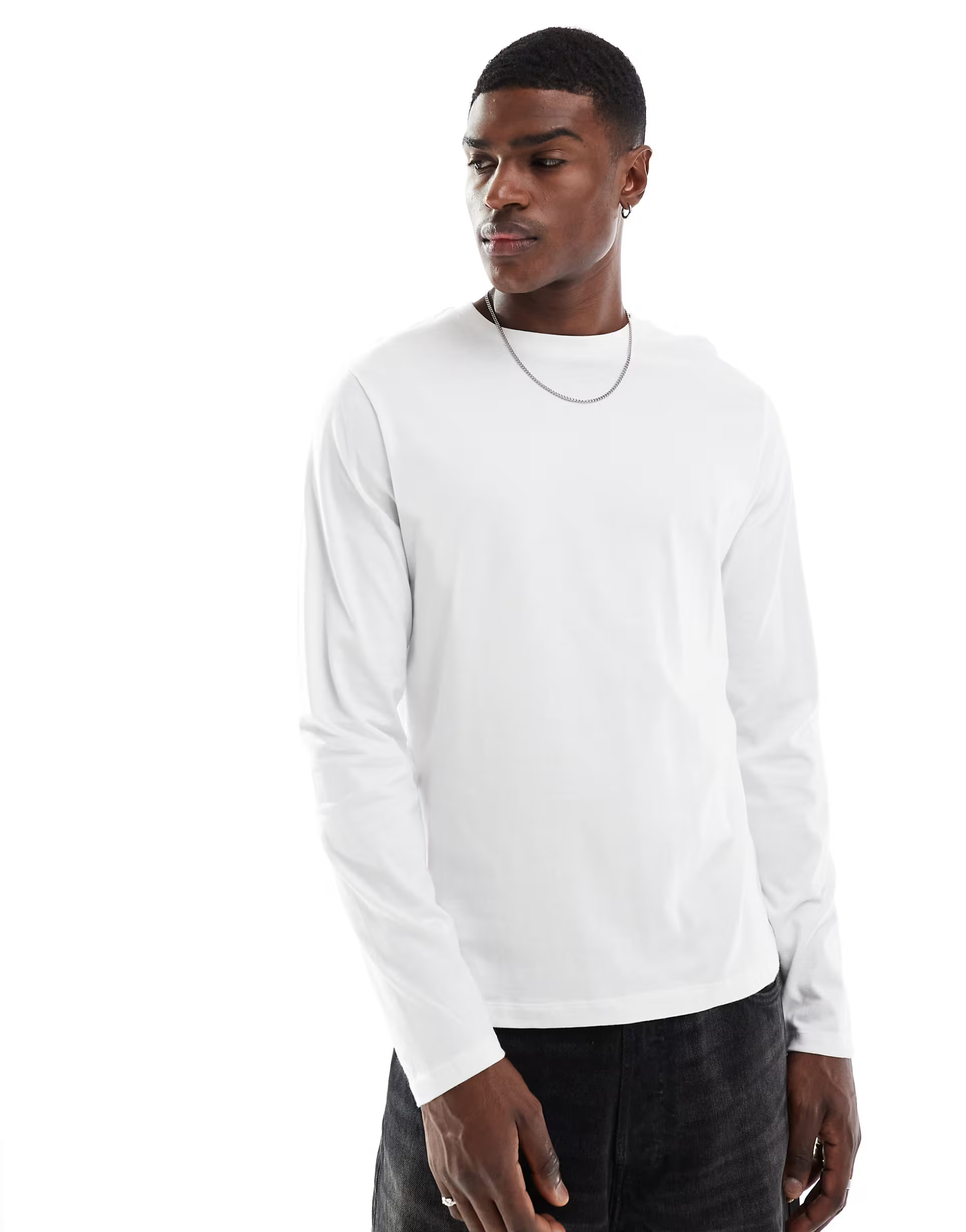 ASOS DESIGN cotton blend long sleeve crew neck t-shirt in white | ASOS (Global)