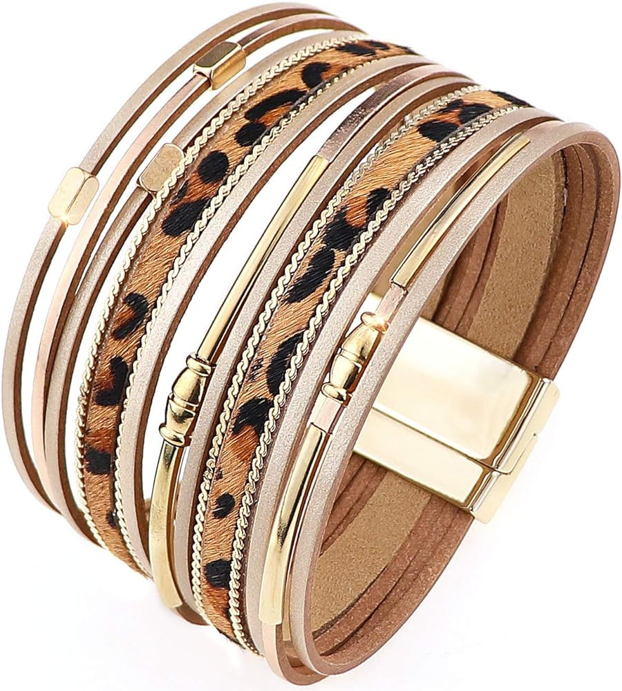 Leopard Leather Wrap Bracelets for Women Multilayer Wristband Cuff Bangle with Magnetic Buckle Gi... | Amazon (US)