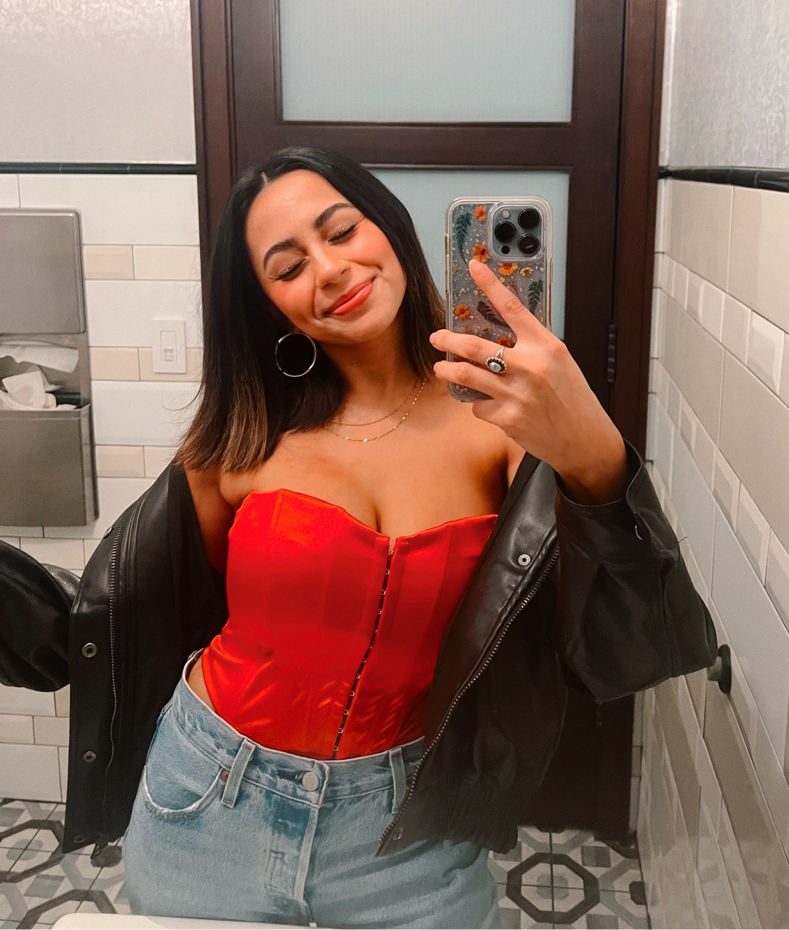 Small red corset top, xxs PP leather bomber, levi’s 90s jeans #princesspolly #virginiabeach #libraszn #LTK #Windsor