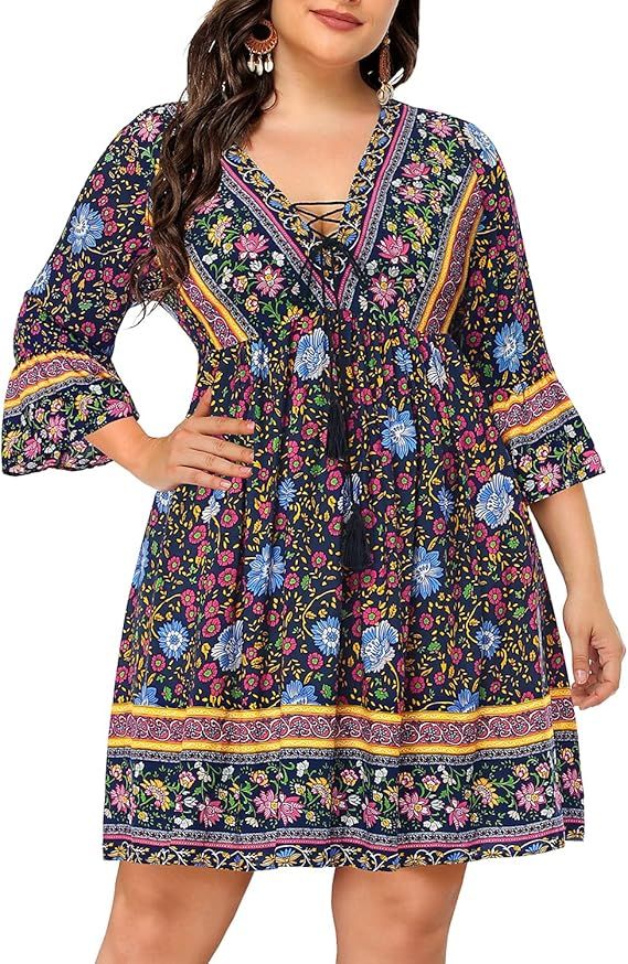 Women's Plus Size Boho Dress Floral V Neck Tassel Bell Sleeve Casual Summer Beach Flowy Mini Dres... | Amazon (US)