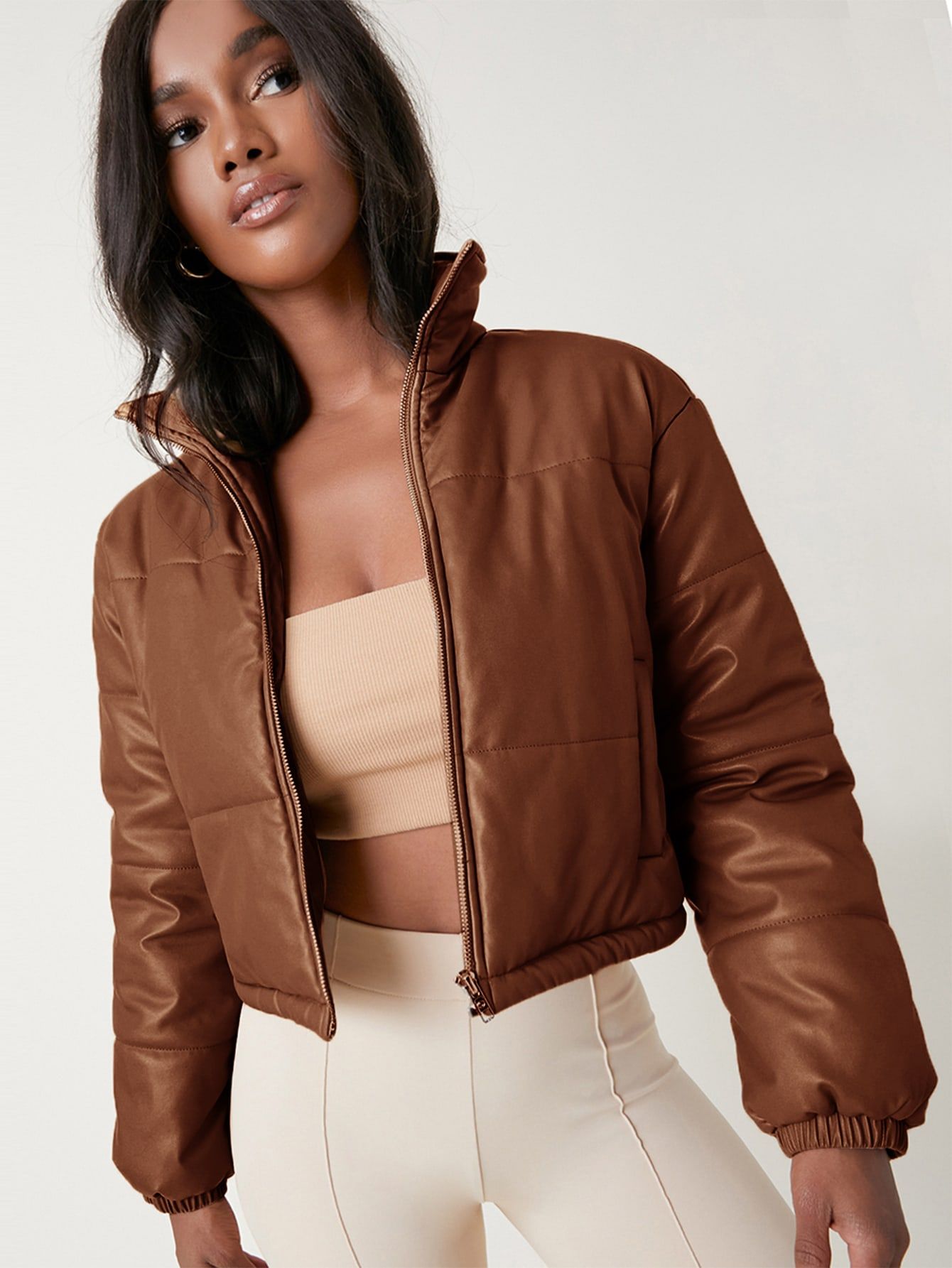 SHEIN PU Leather Puffer Jacket | SHEIN