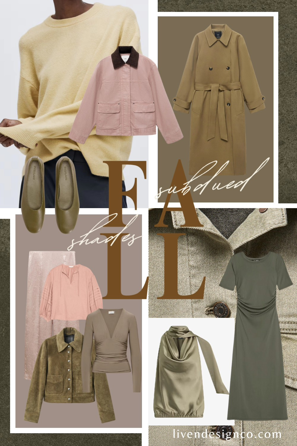 Subdued shades for fall. Fall fashion. Style inspiration. Muted tones. Pastel. Yellow sweater. Sage green flats. Olive green. Ballet flats. Satin skirt. Pale pink. Barn jacket. Trench coat. Maxi dress. Midi dress. Sweater. Satin top

#LTKSeasonal #LTKSaleAlert #LTKStyleTip