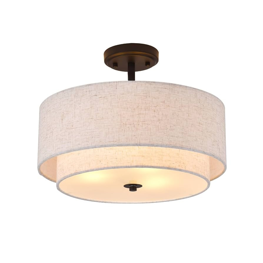 3-Light Semi Flush Mount Ceiling Light Fixture, 16" Black Drum Light Fixture with 2-Laye Fabric S... | Amazon (US)