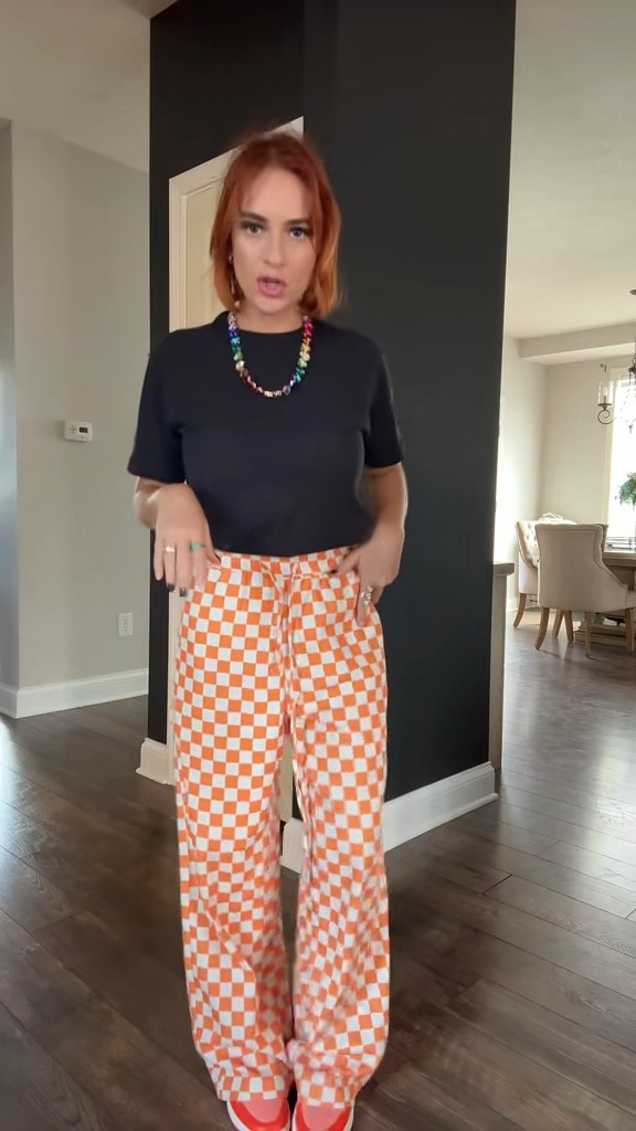 Checkered pants - plaid pants - buckle pants - colored necklace - buckle - everyday outfit - casual outfit - casual glam outfit - checkered - race day outfit - Halloween outfit - Halloween style - Tennessee orange - bengals outfit - football outfit - game day outfit - game day style 

#LTKHoliday #LTKFindsUnder100 #LTKSeasonal