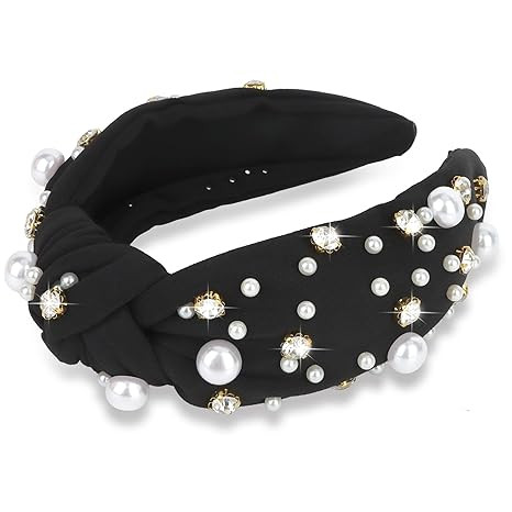 Black Headband for Women Pearl Knotted Headband Sparkly Rhinestone Pearls Top Knotted Headbands F... | Amazon (US)