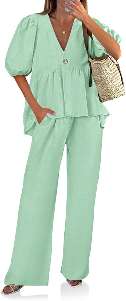 Tankaneo Womens 2 Piece Linen Sets Summer Vacation Outfits V Neck Puff Sleeve Babydoll Tops Wide ... | Amazon (US)