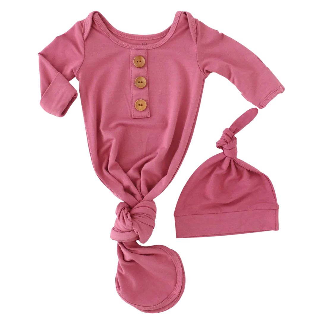 Solid Dusty Rose Bamboo Baby Knot Gown & Hat | Caden Lane