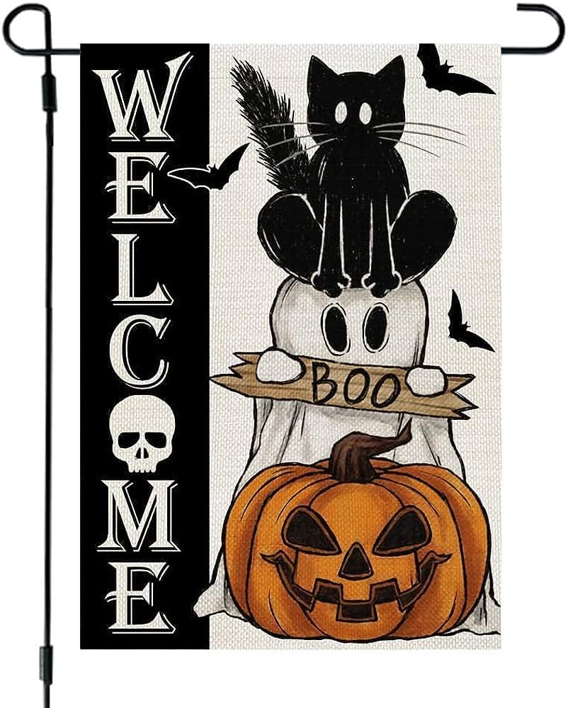 CROWNED BEAUTY Halloween Ghost Cat Boo Garden Flag 12x18 Inch Small Double Sided Burlap Welcome S... | Amazon (US)