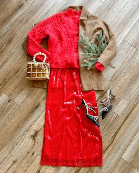 Christmas outfit. Christmas party outfit. Target style. Amazon fashion. Coatigan. Red sequin skirt. Black heels. Holiday party outfits as the Eras. Red Era. 

#LTKGiftGuide #LTKSeasonal #LTKHoliday