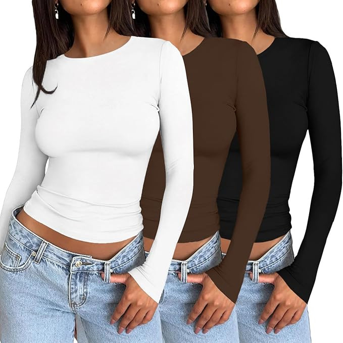 Ekouaer 3 Pack Women Long Sleeve Crew Neck Shirts Basic Thermal Tops Slim Fit Ruch Side Tees Goin... | Amazon (US)